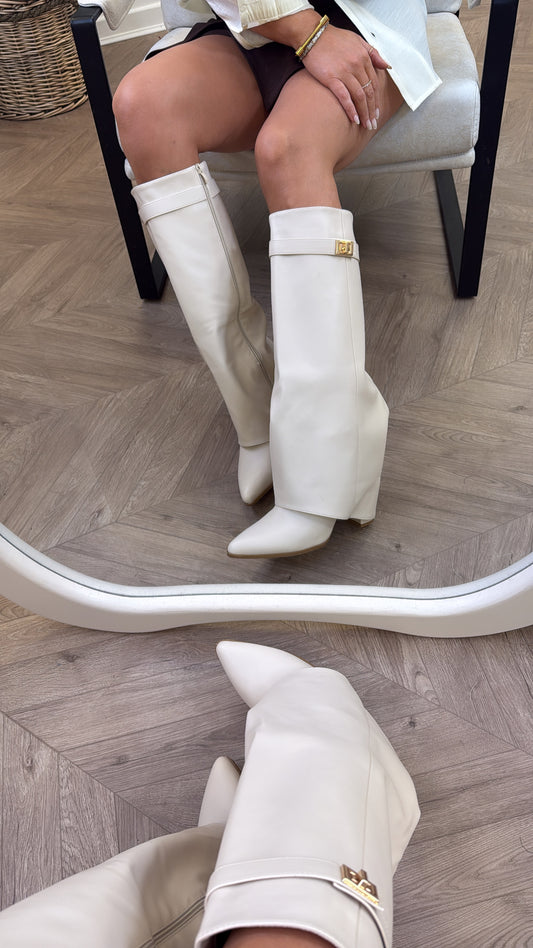 LOU LOU cream faux leather fold down knee boots