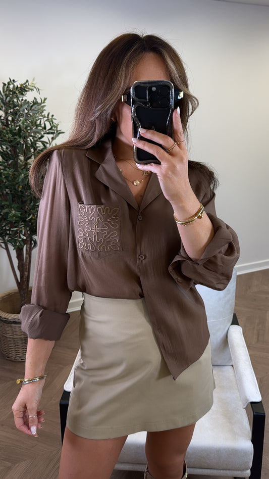 LORA brown semi sheer embroidered shirt with shoulder pads
