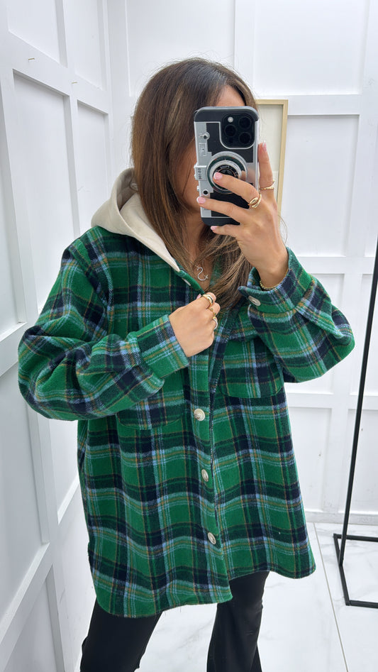 RIO green checked hooded shacket