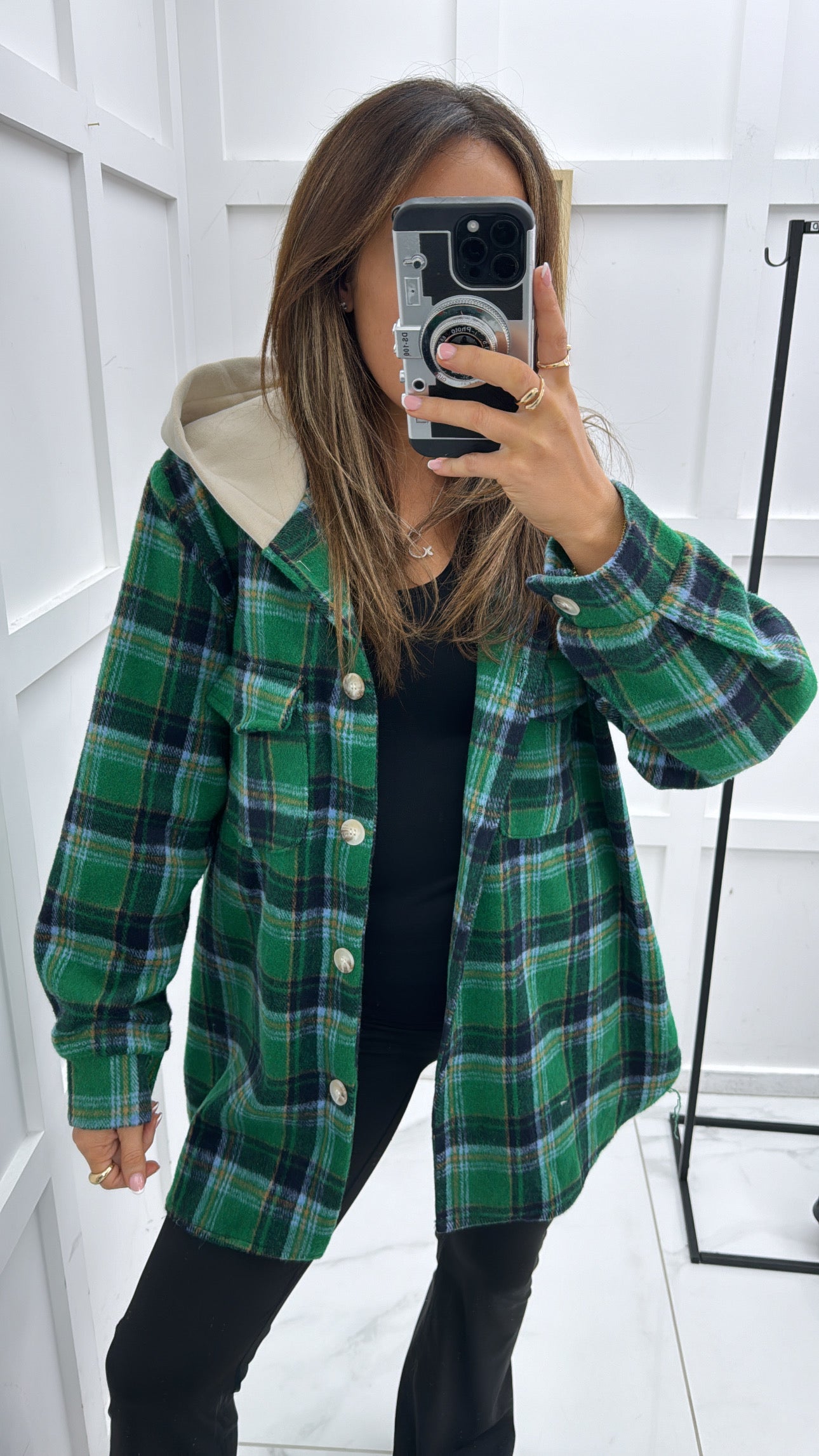 RIO green checked hooded shacket