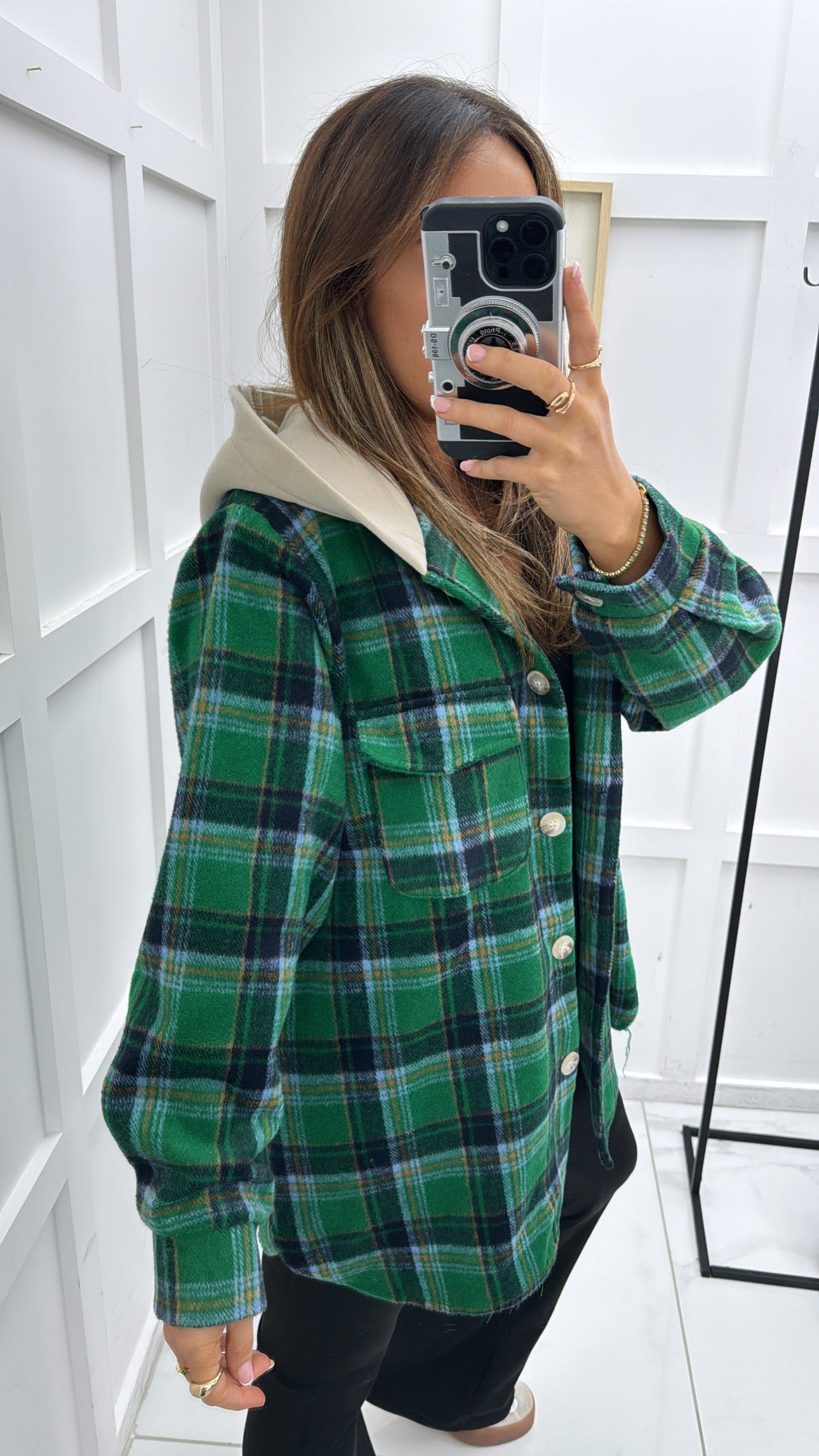 RIO green checked hooded shacket