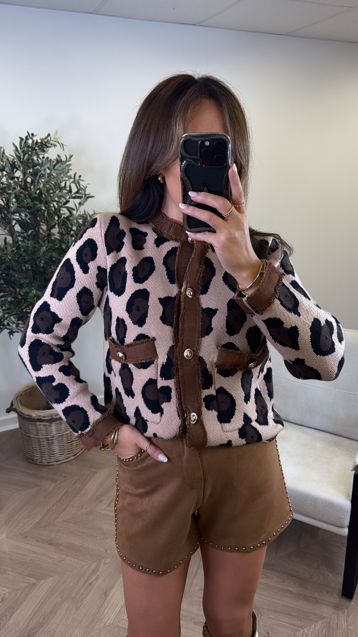 KENDELL beige leopard gold button knitted cardigan