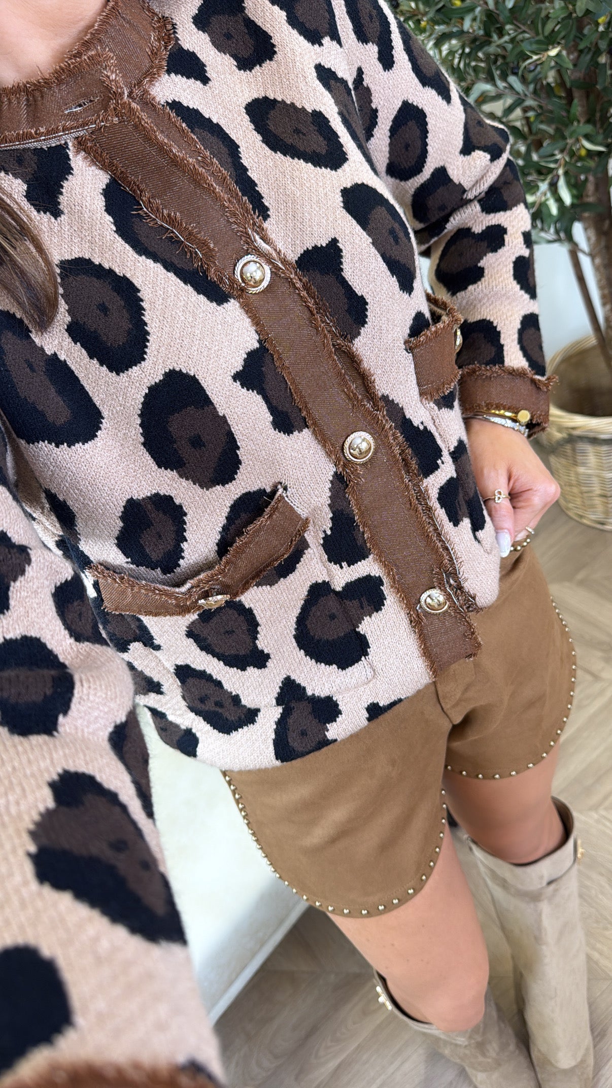 KENDELL beige leopard gold button knitted cardigan