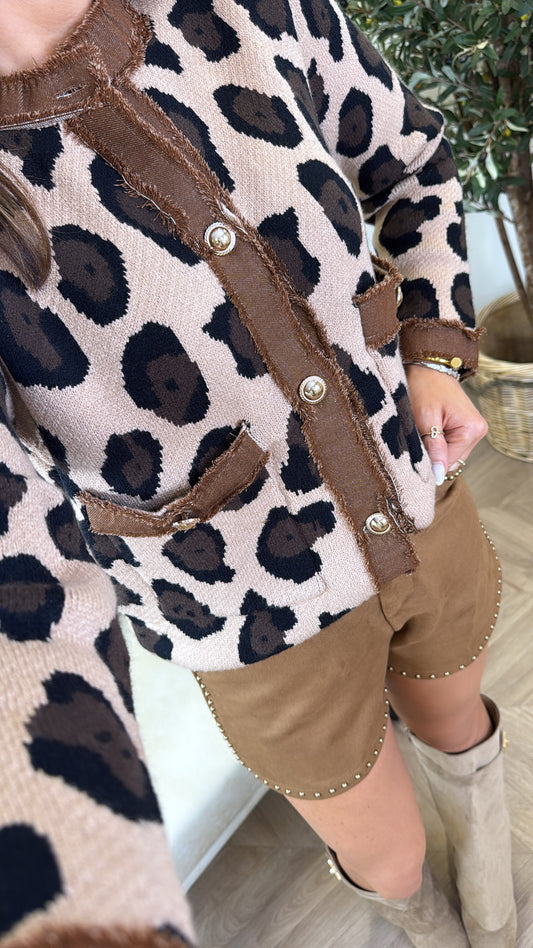 KENDELL beige leopard gold button knitted cardigan