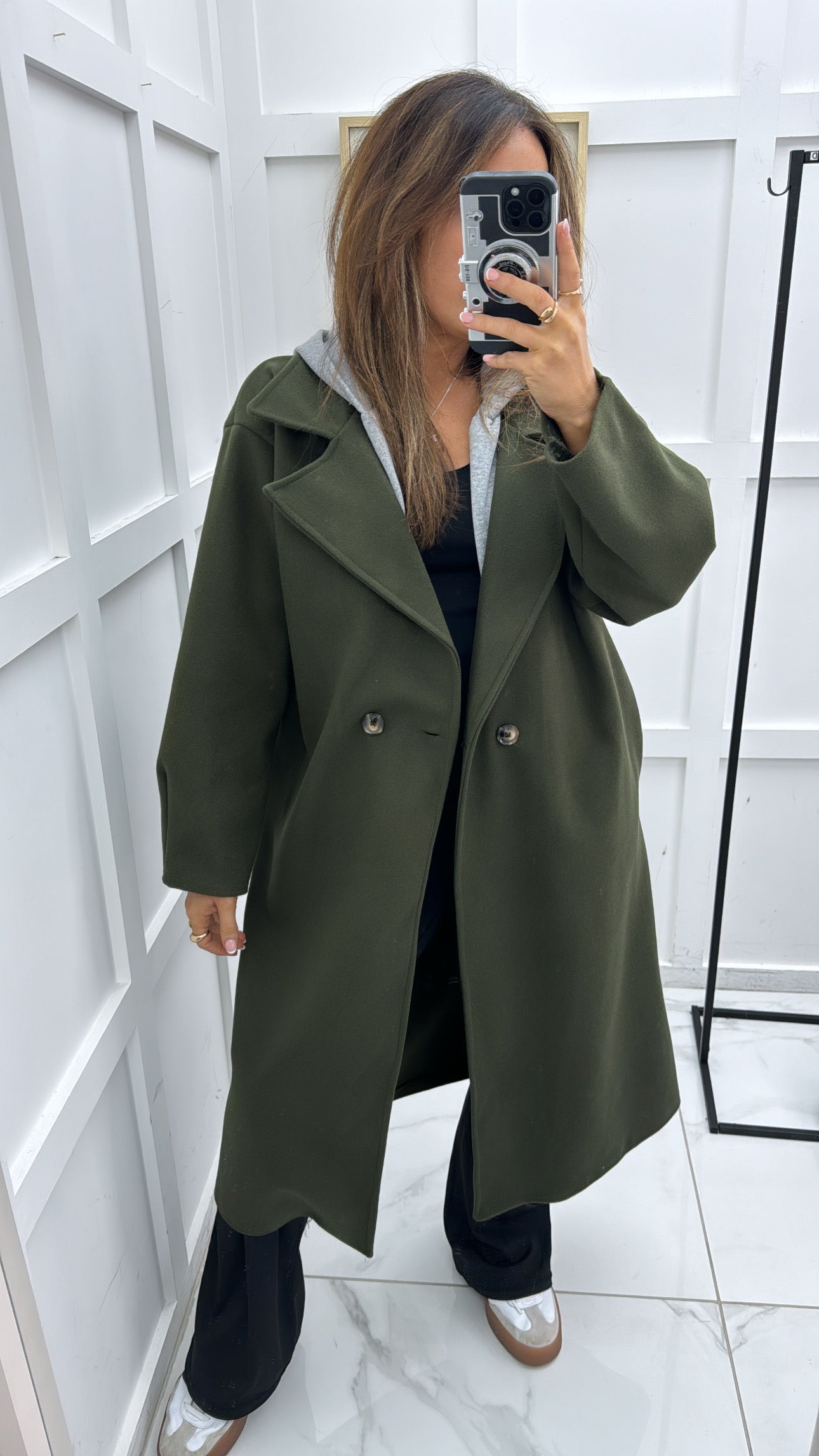 ROCHELLE khaki long duster coat with hood