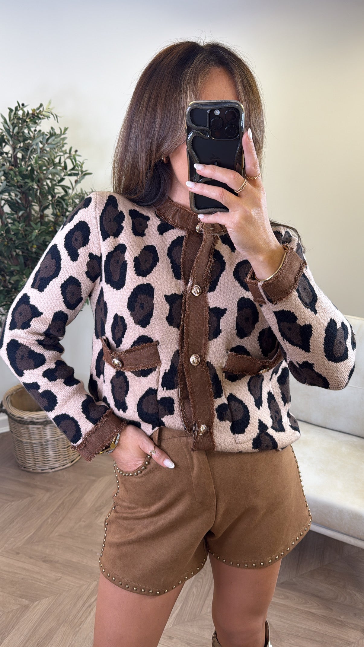 KENDELL beige leopard gold button knitted cardigan