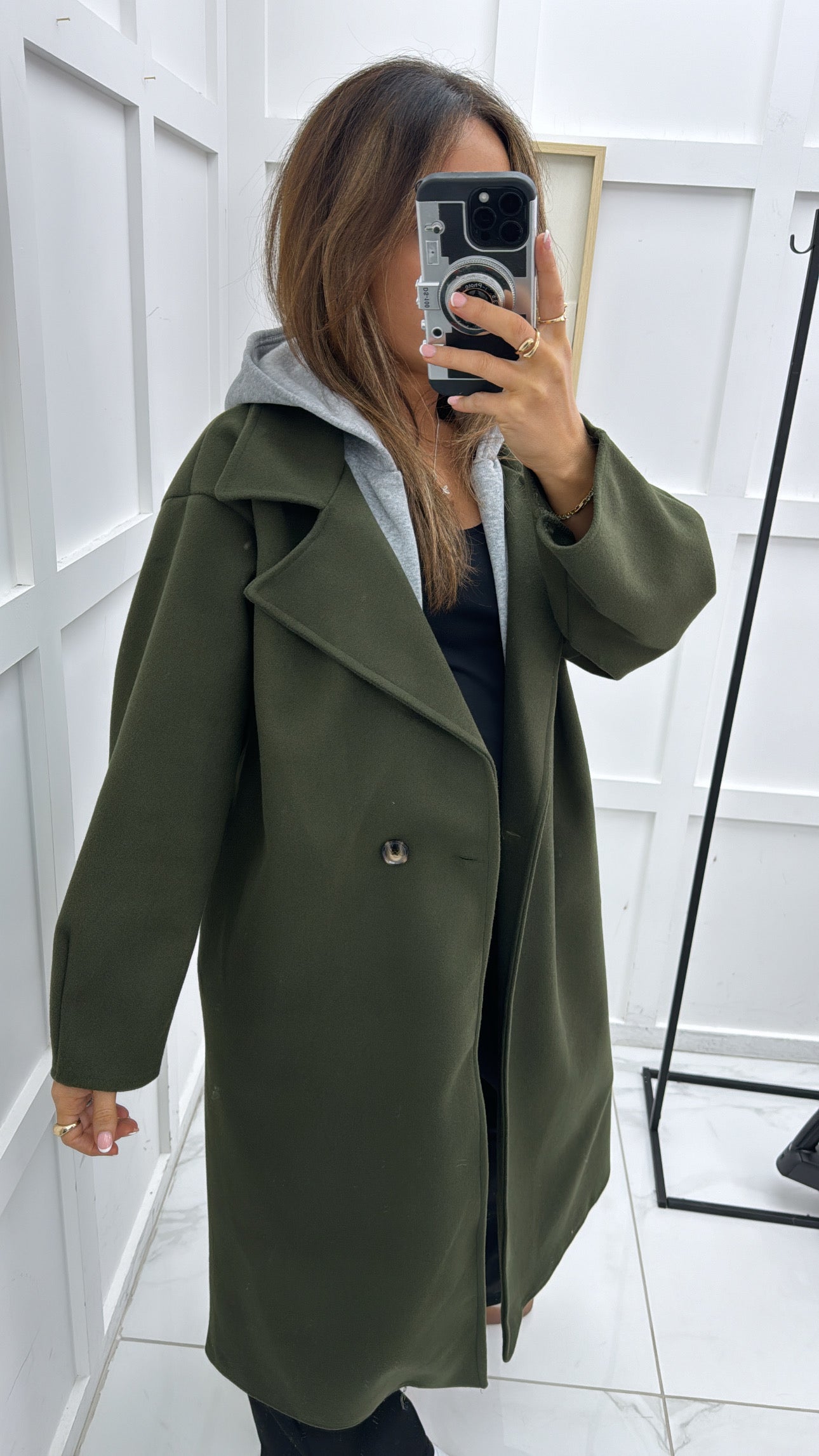 ROCHELLE khaki long duster coat with hood