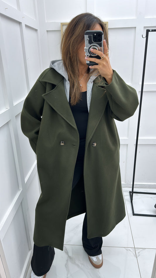 ROCHELLE khaki long duster coat with hood