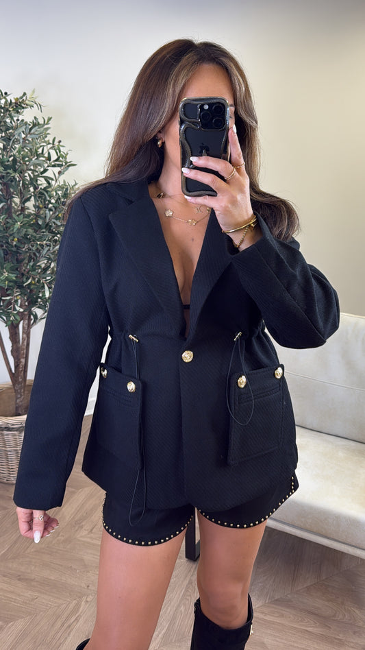 BETHANY black woollen gold button blazer