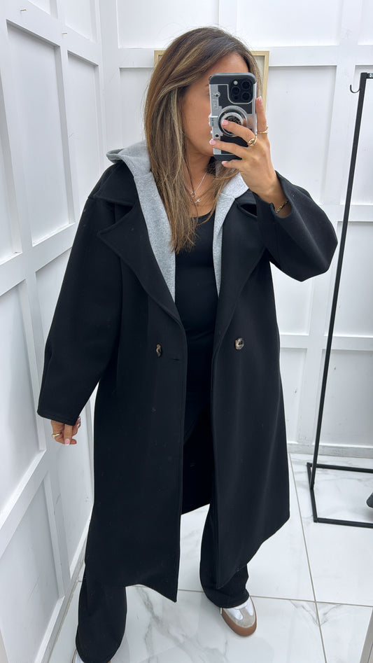 ROCHELLE black long duster coat with hood