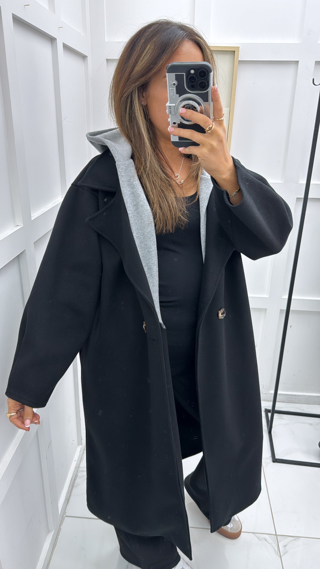 ROCHELLE black long duster coat with hood