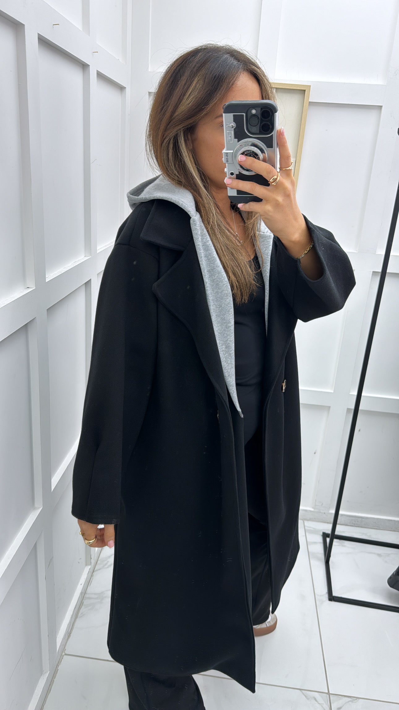 ROCHELLE black long duster coat with hood