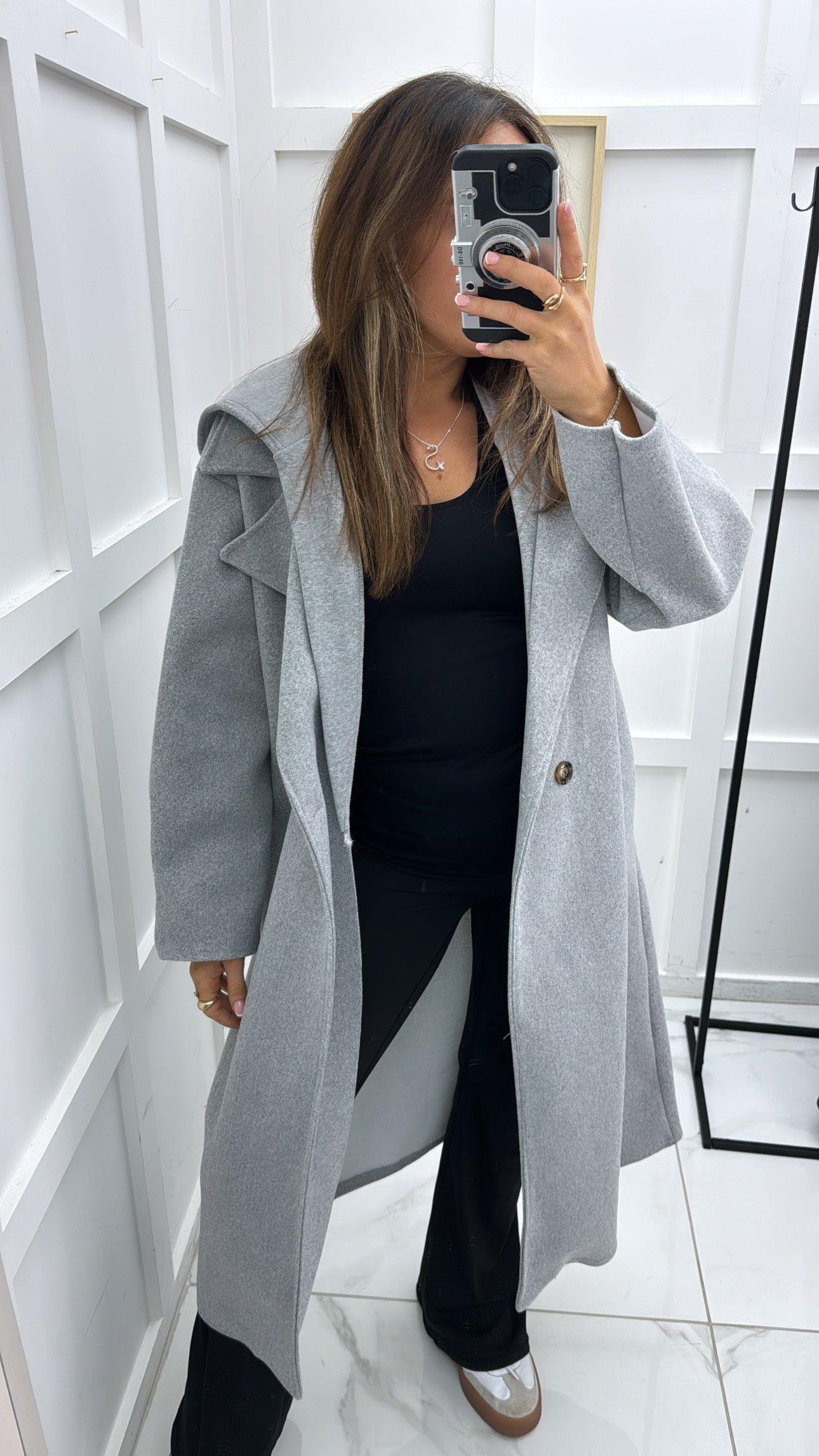 ROCHELLE grey long duster coat with hood