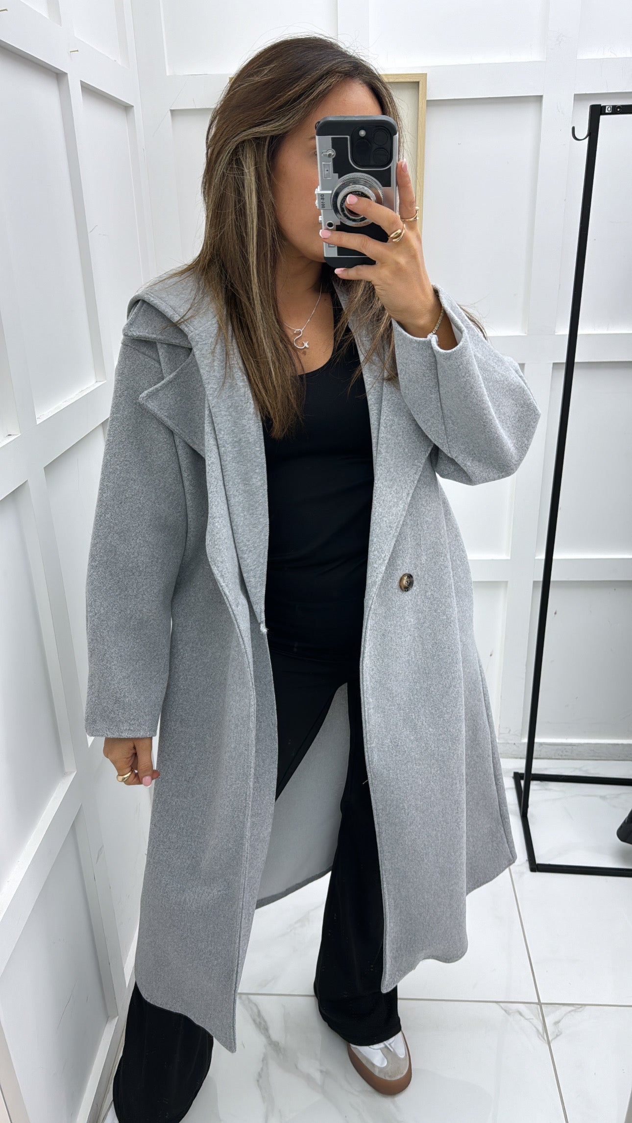 ROCHELLE grey long duster coat with hood