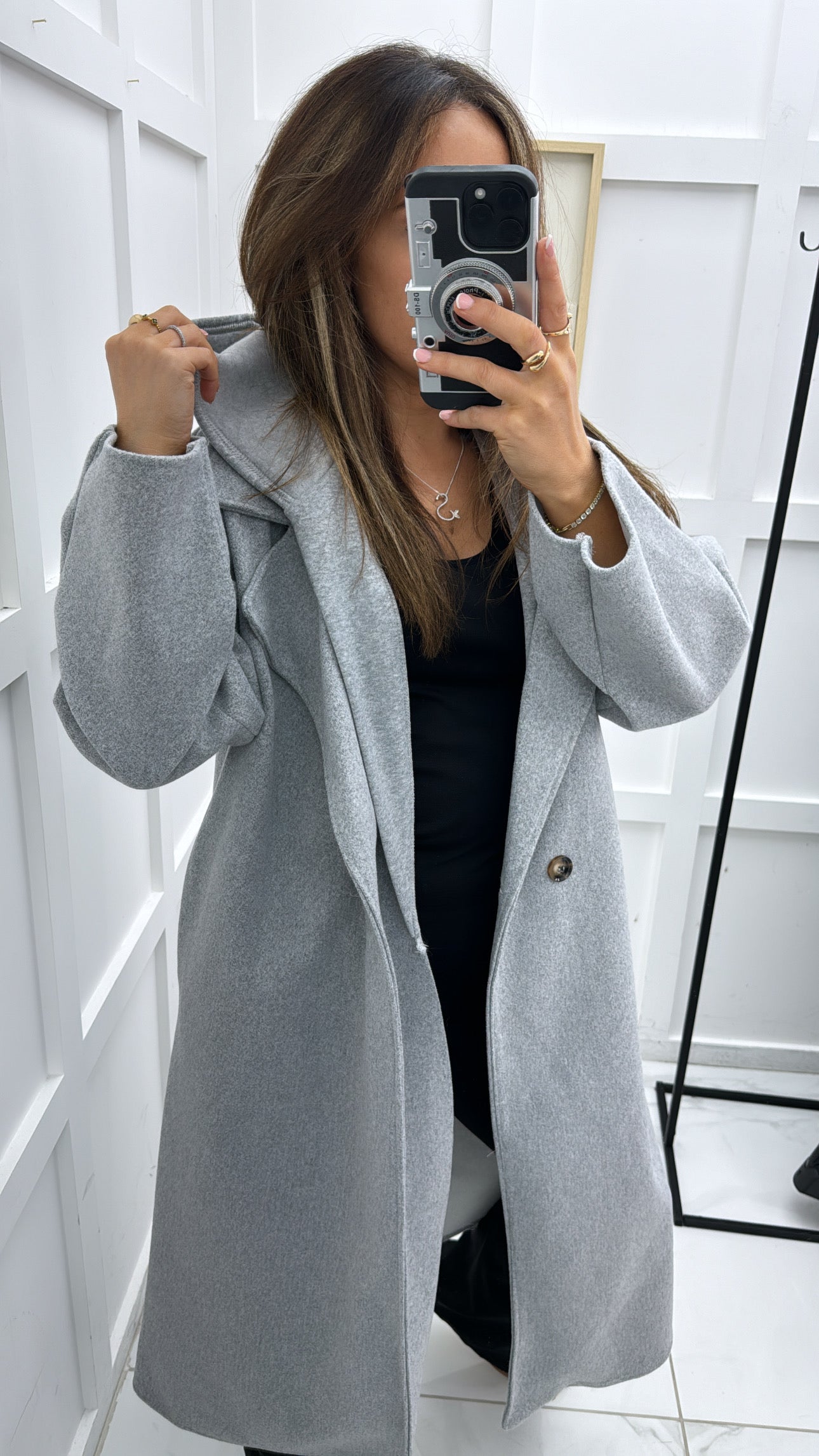 ROCHELLE grey long duster coat with hood