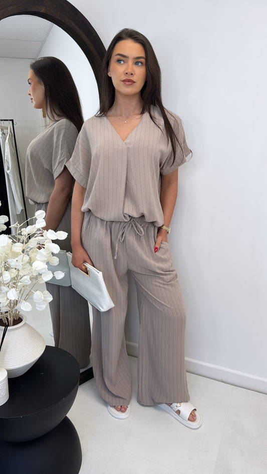 AMAYA mocha pinstripe v-neck trouser co-ord