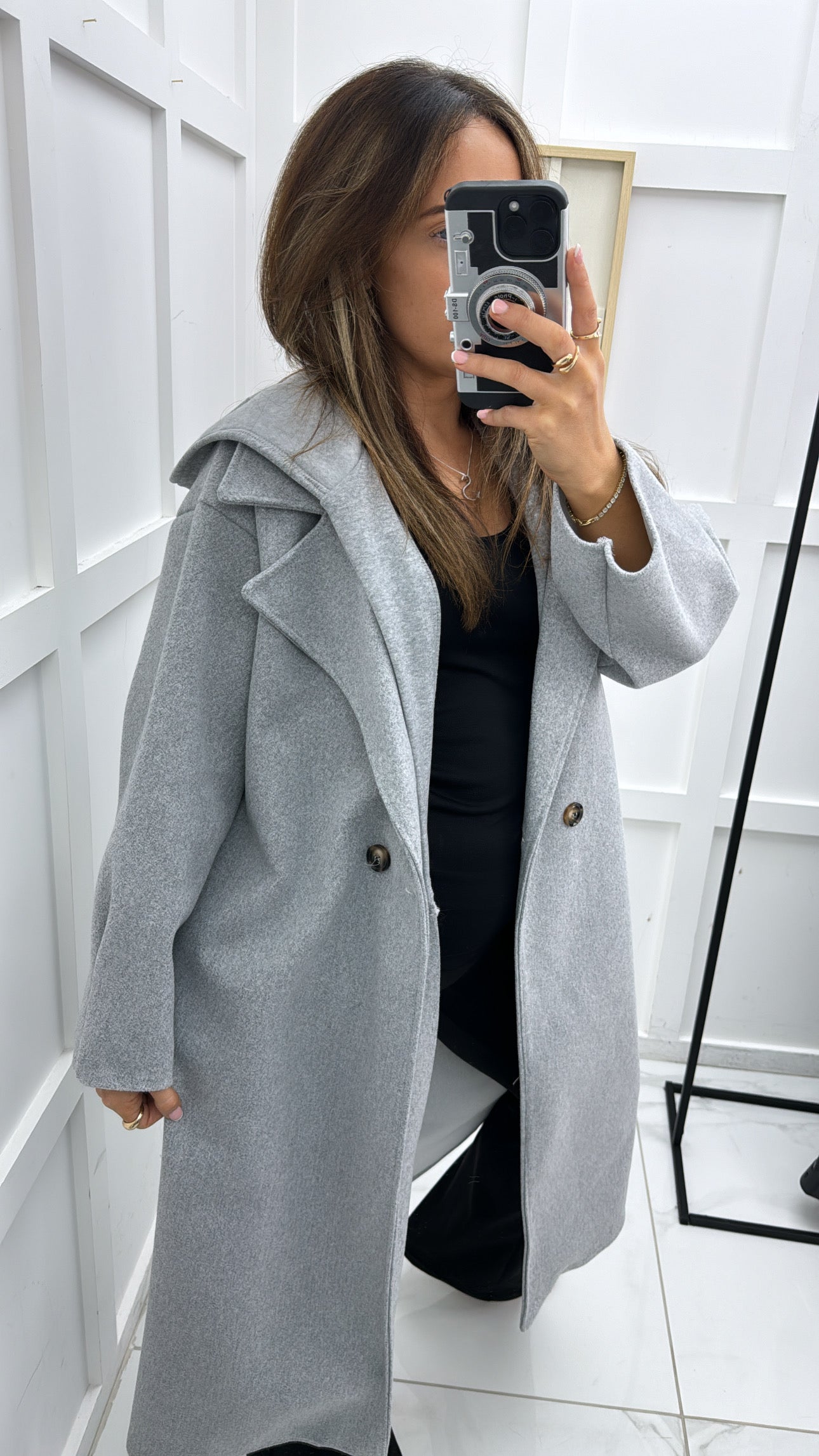 ROCHELLE grey long duster coat with hood