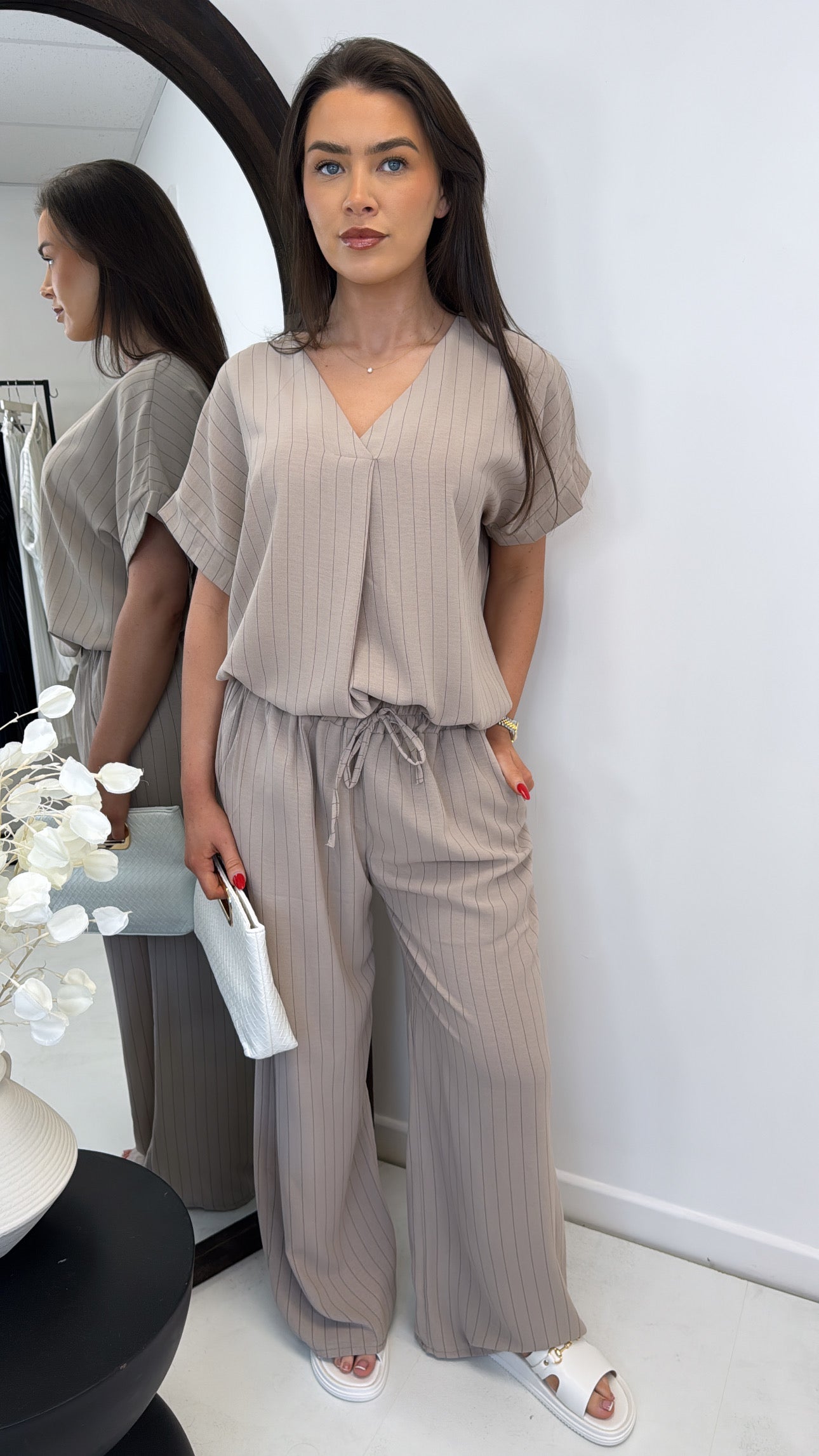 AMAYA mocha pinstripe v-neck trouser co-ord