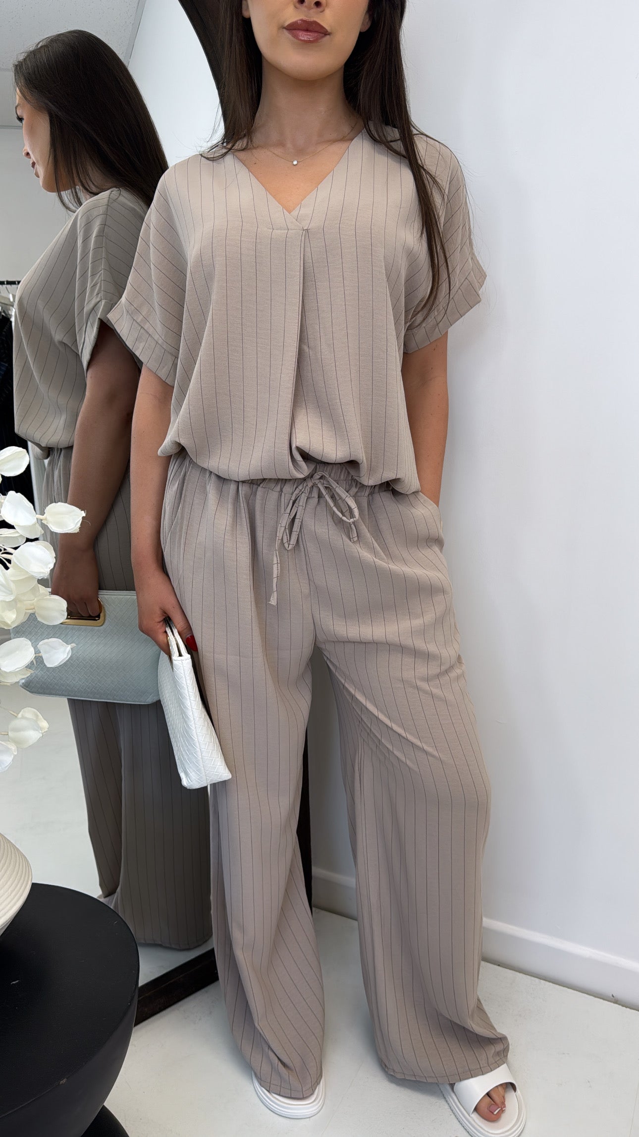 AMAYA mocha pinstripe v-neck trouser co-ord