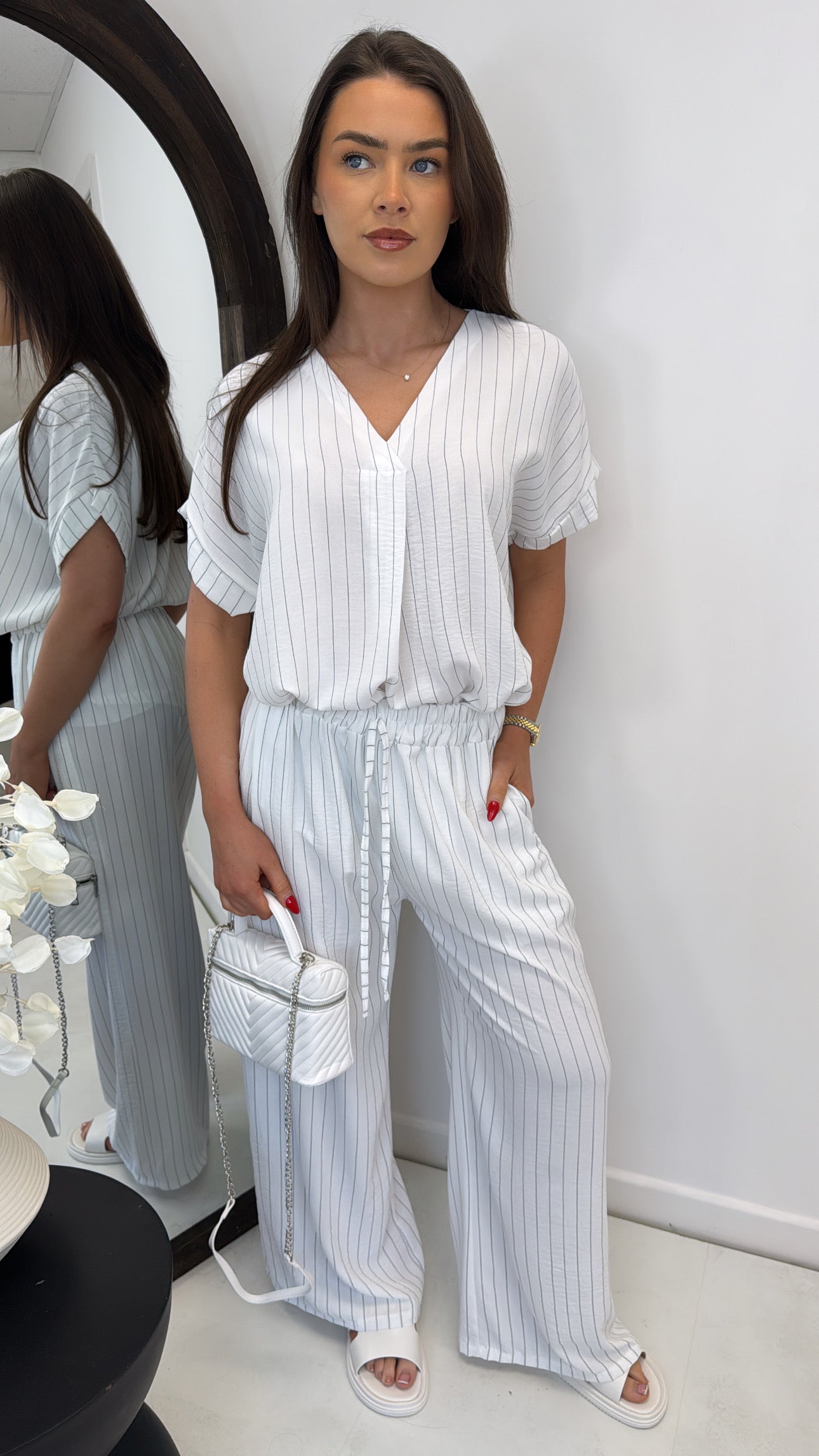 AMAYA white pinstripe v-neck trouser co-ord