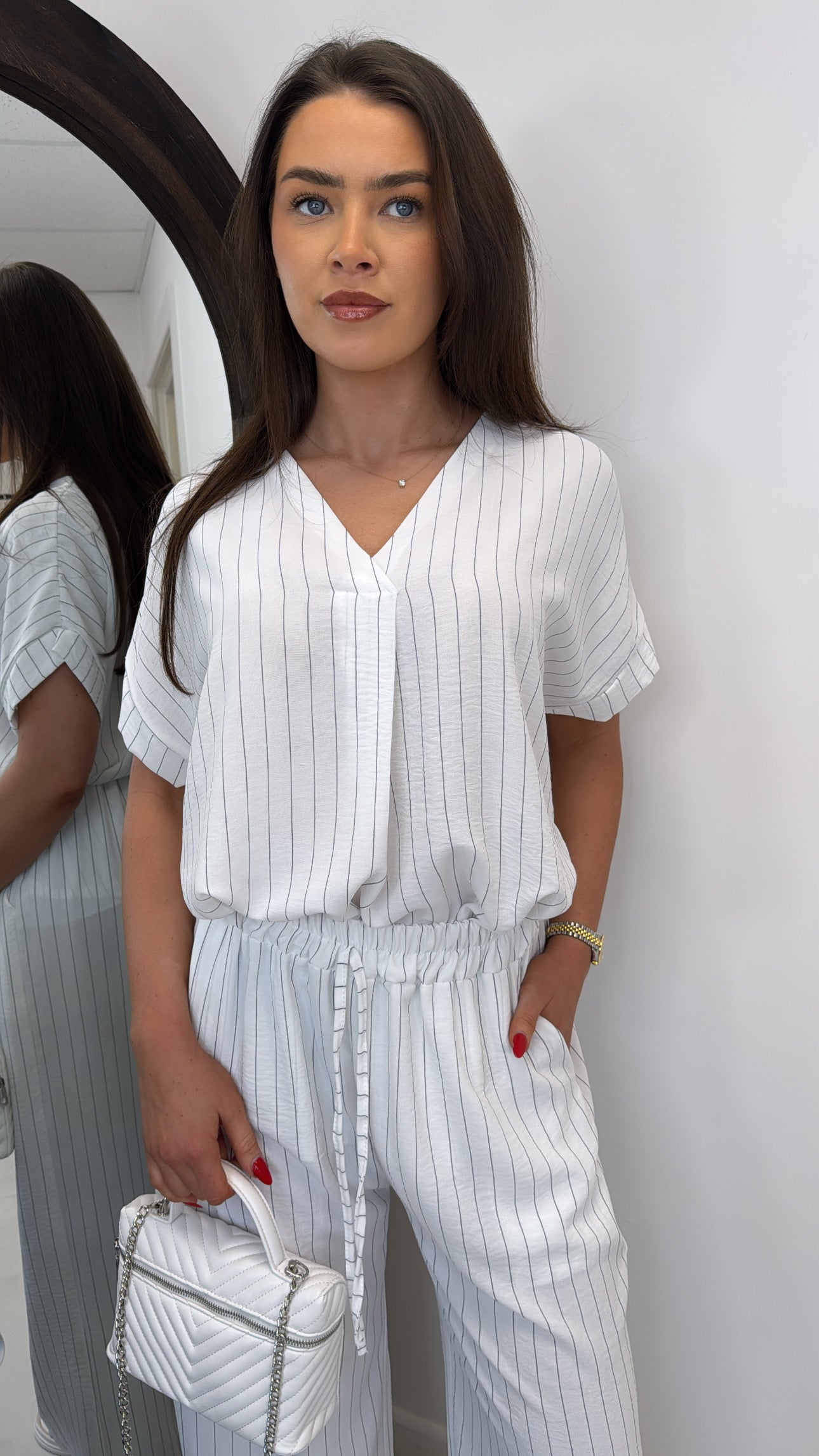AMAYA white pinstripe v-neck trouser co-ord