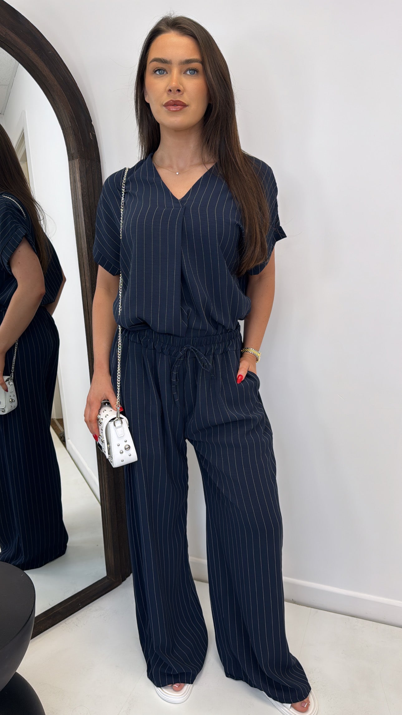 AMAYA navy pinstripe v-neck trouser co-ord