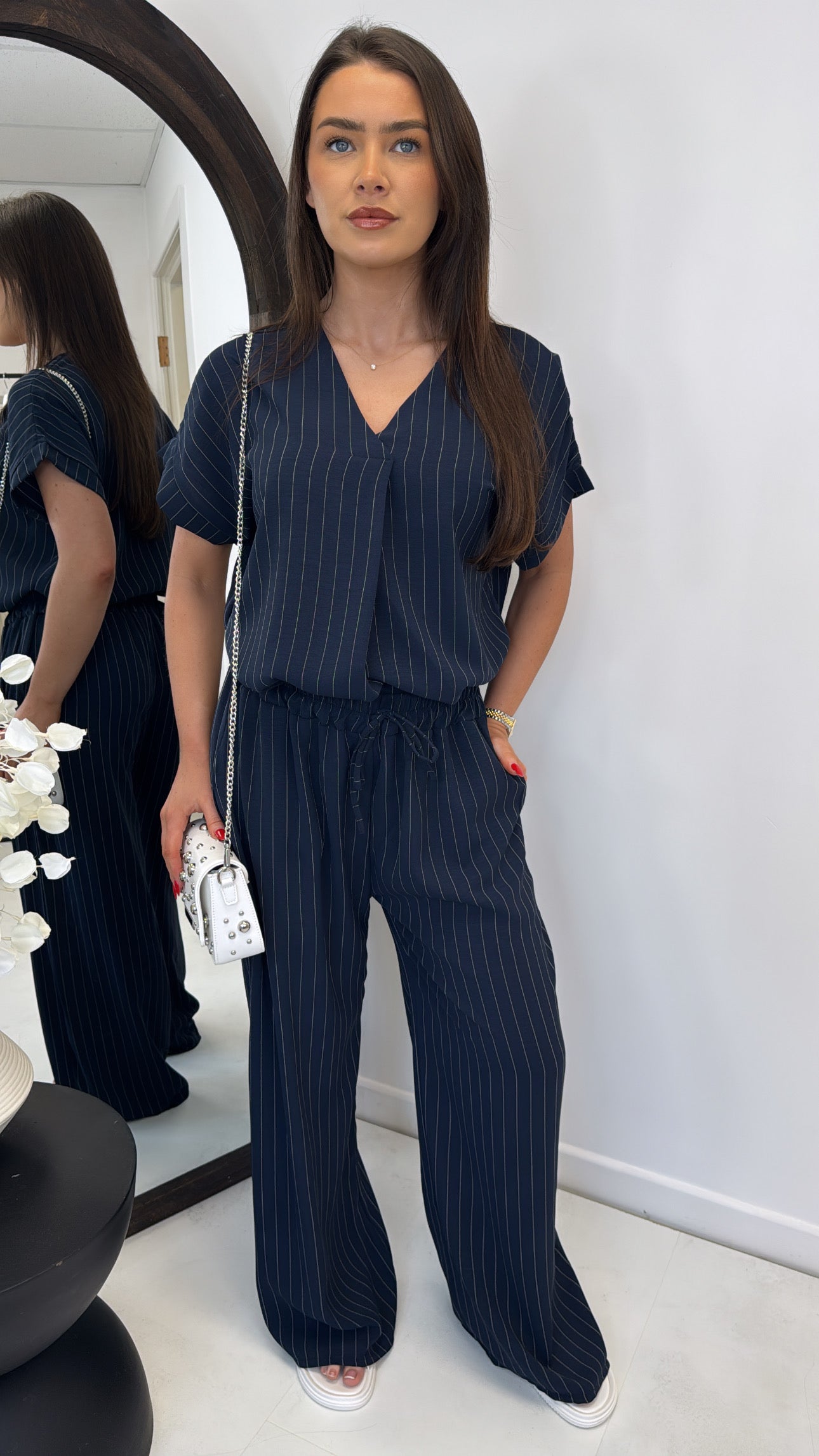 AMAYA navy pinstripe v-neck trouser co-ord