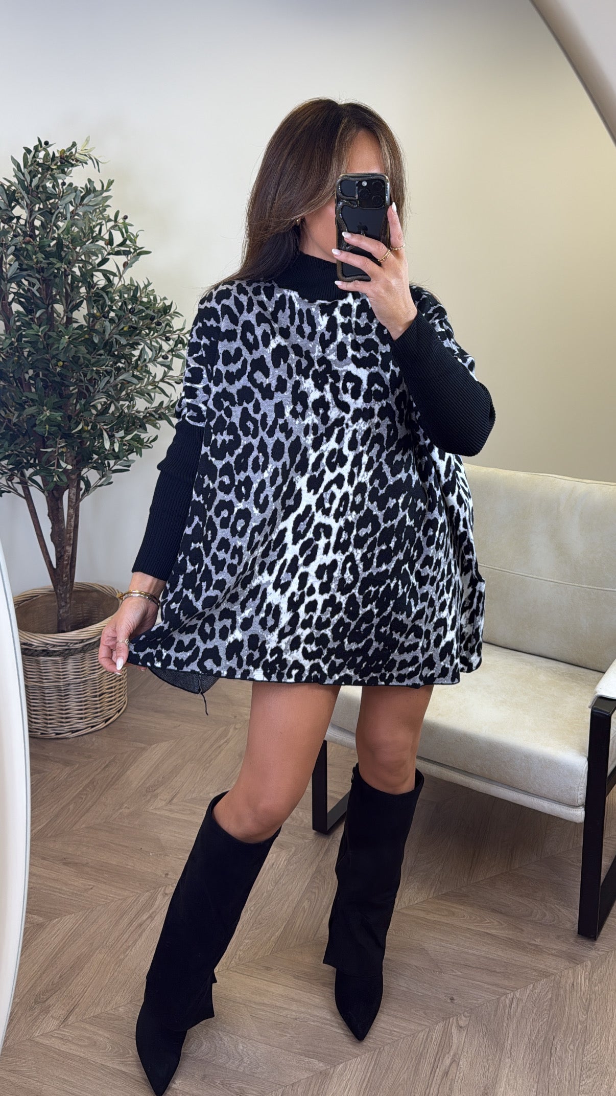 GRACIE grey leopard print oversized knitted jumper