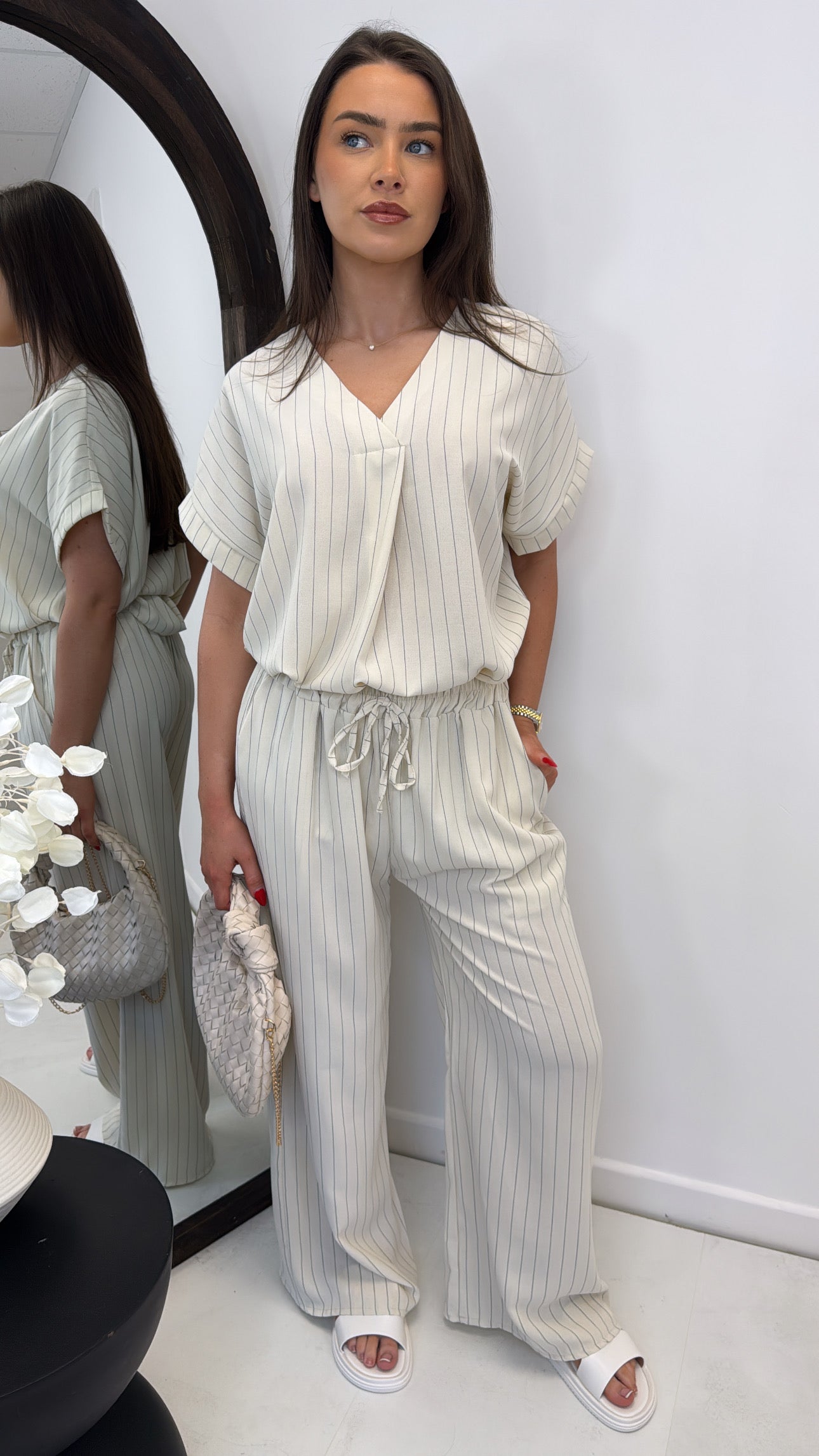 AMAYA cream pinstripe v-neck trouser co-ord