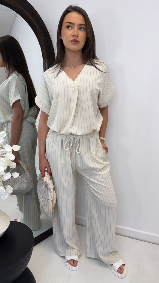AMAYA cream pinstripe v-neck trouser co-ord