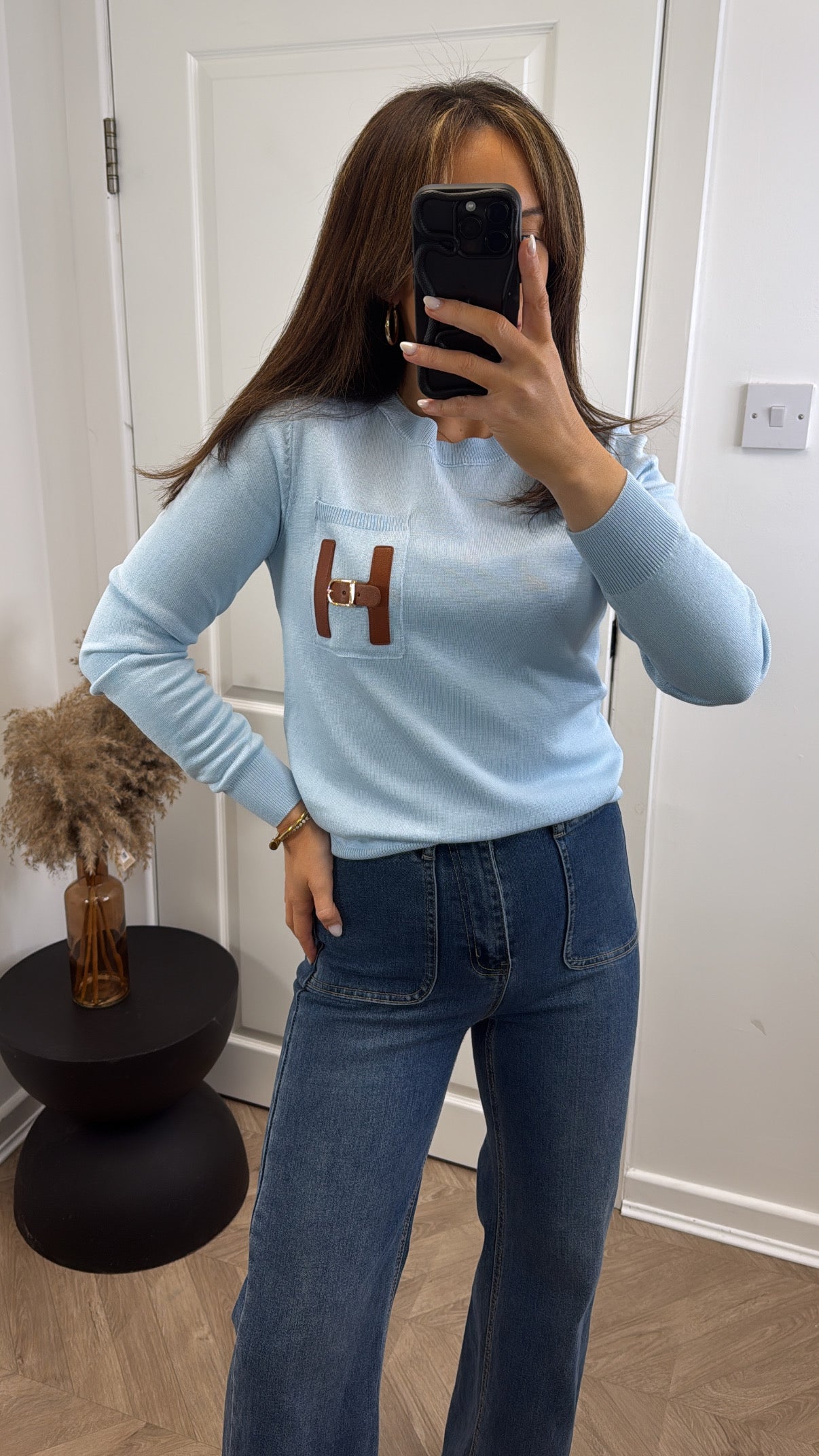 THERESA blue fine knit jumper with buckle