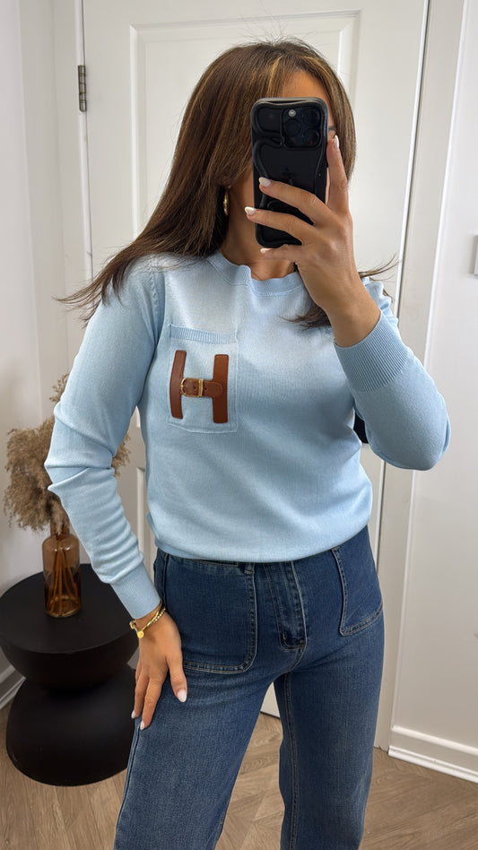 THERESA blue fine knit jumper with buckle