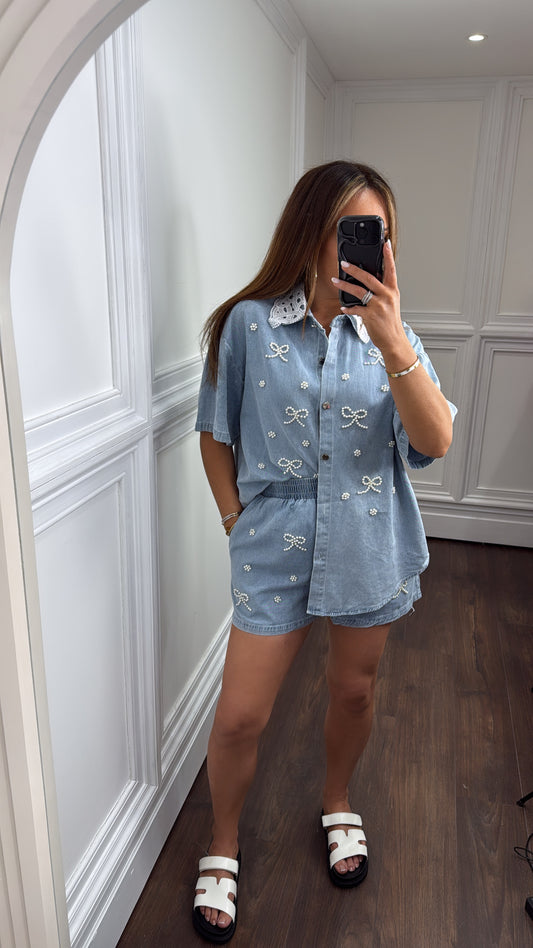 MONICA blue denim pearl bow top and shorts co-ord