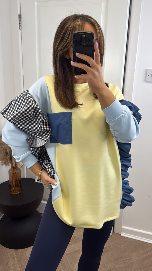 PAYTON lemon sweatshirt with gingham frill sleeves