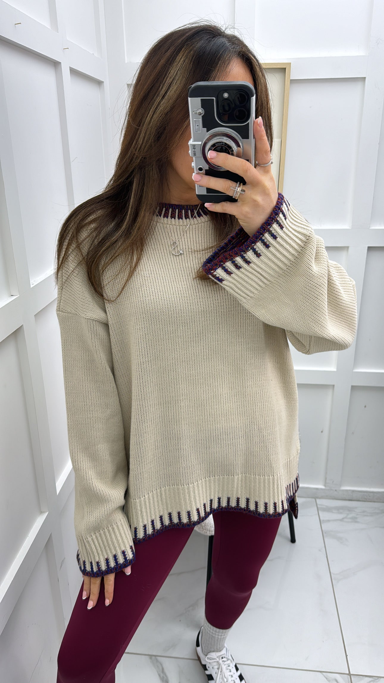 BECKY beige fine knit jumper with multicolour trim