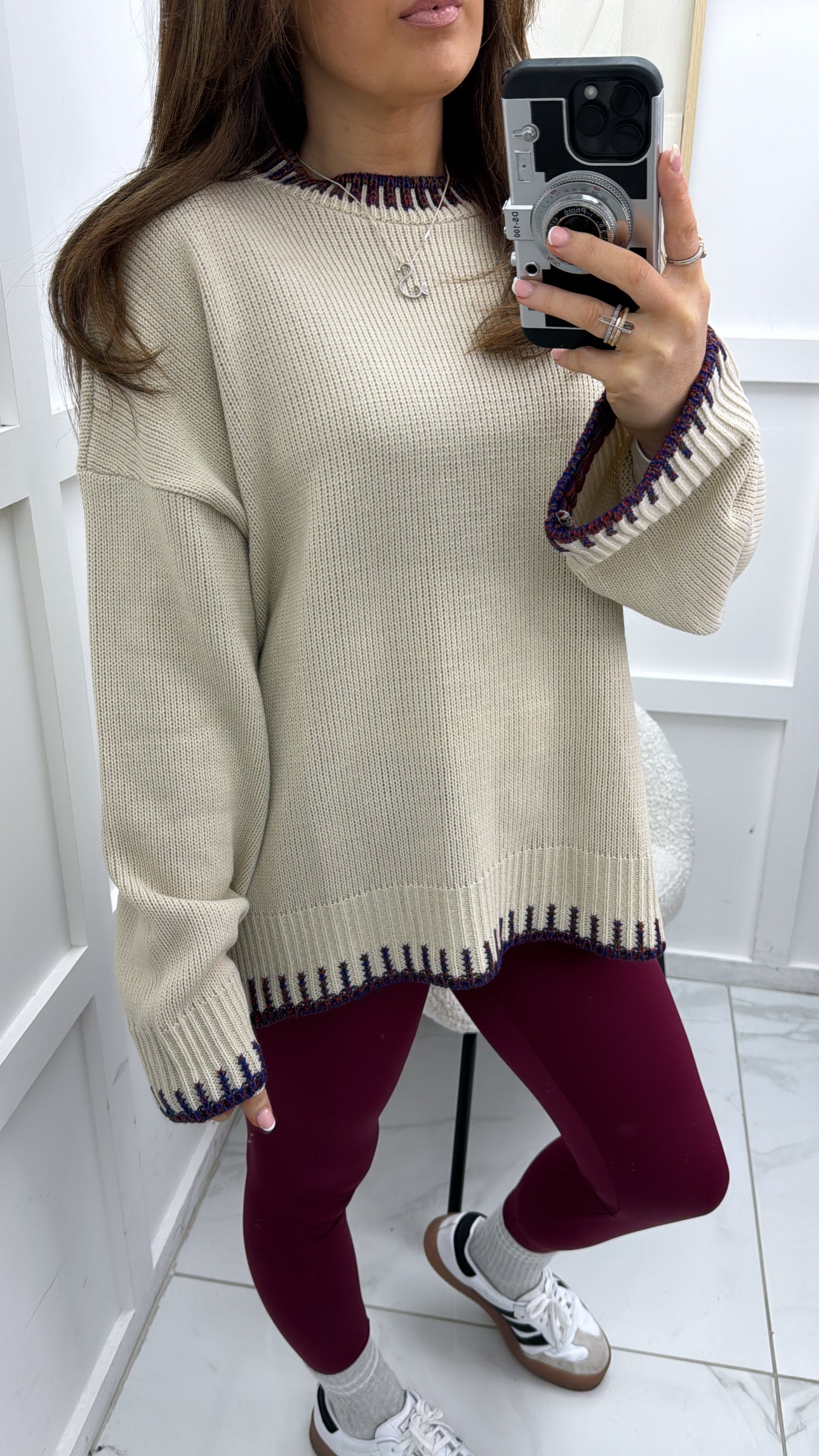 BECKY beige fine knit jumper with multicolour trim