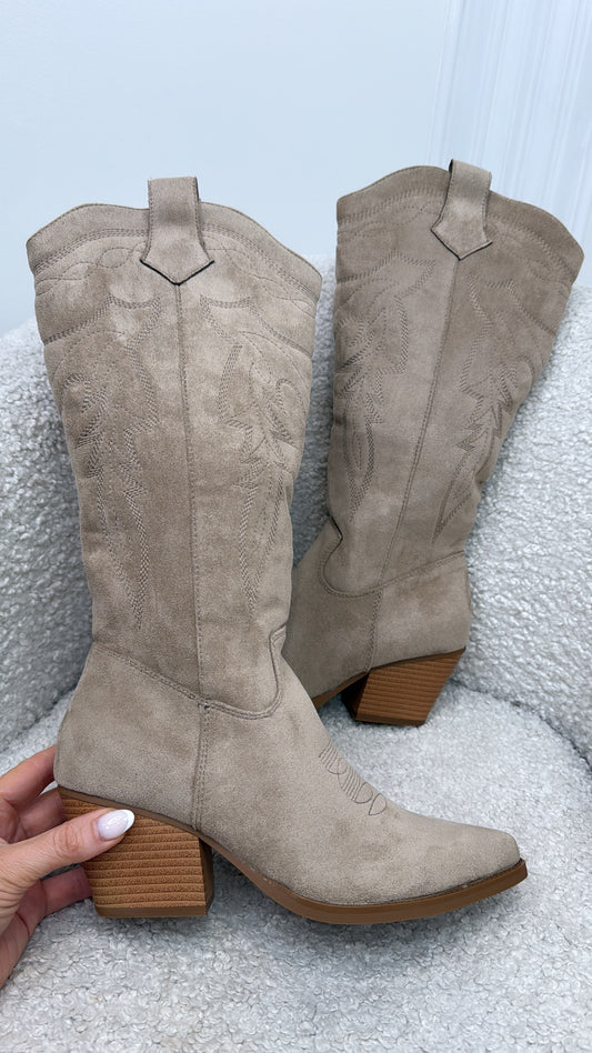 BRITNEY taupe faux suede western boots