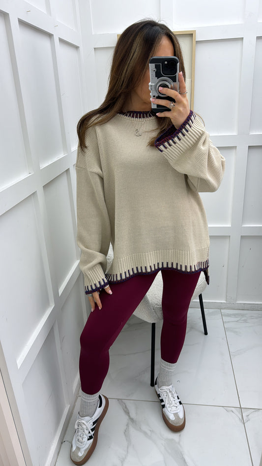 BECKY beige fine knit jumper with multicolour trim