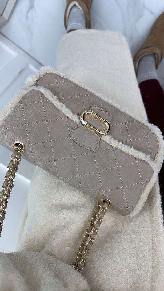 MISHA beige borg detail cross body bag