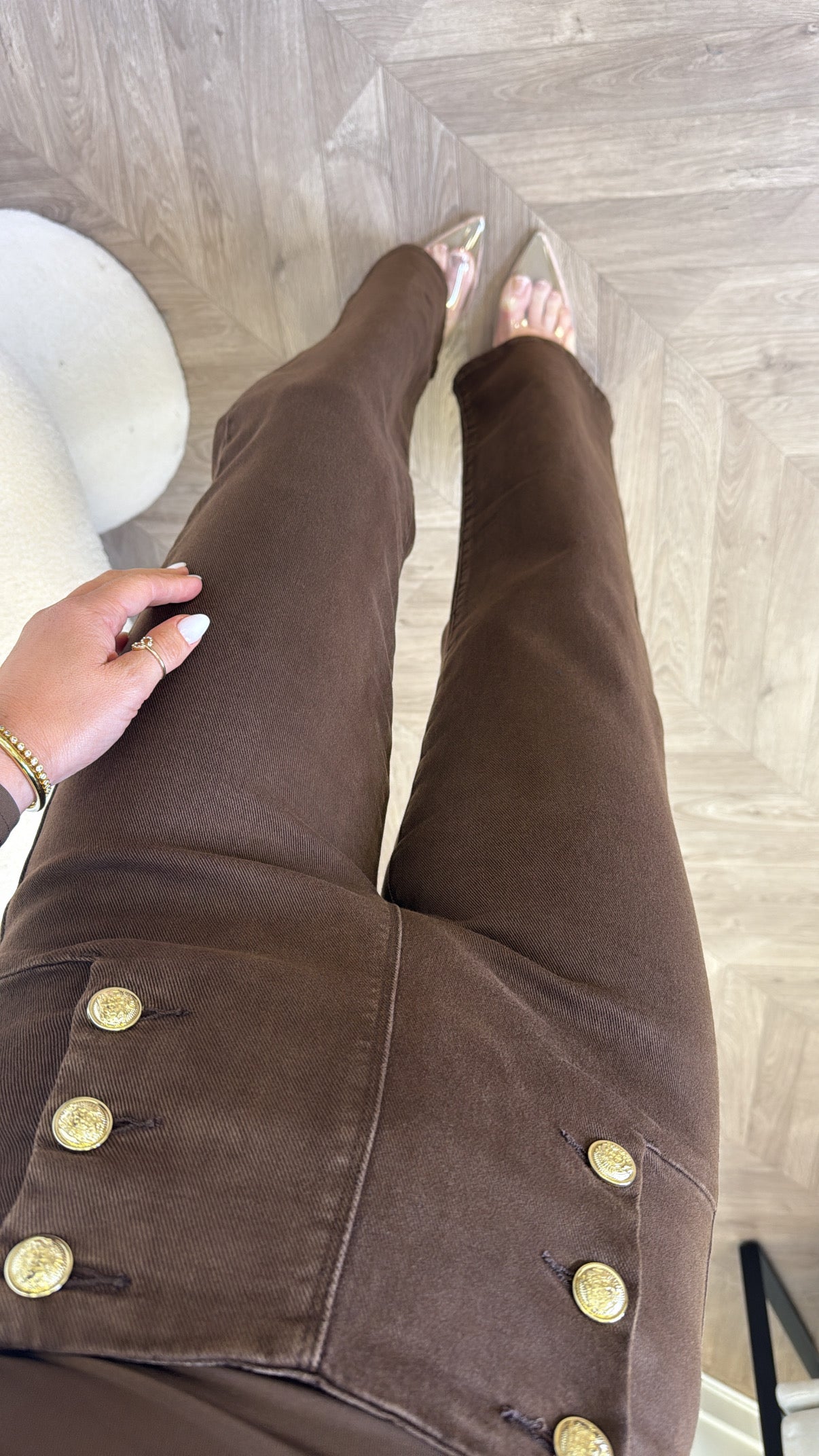 ISABELLE brown stretchy flare jeans with gold button detail