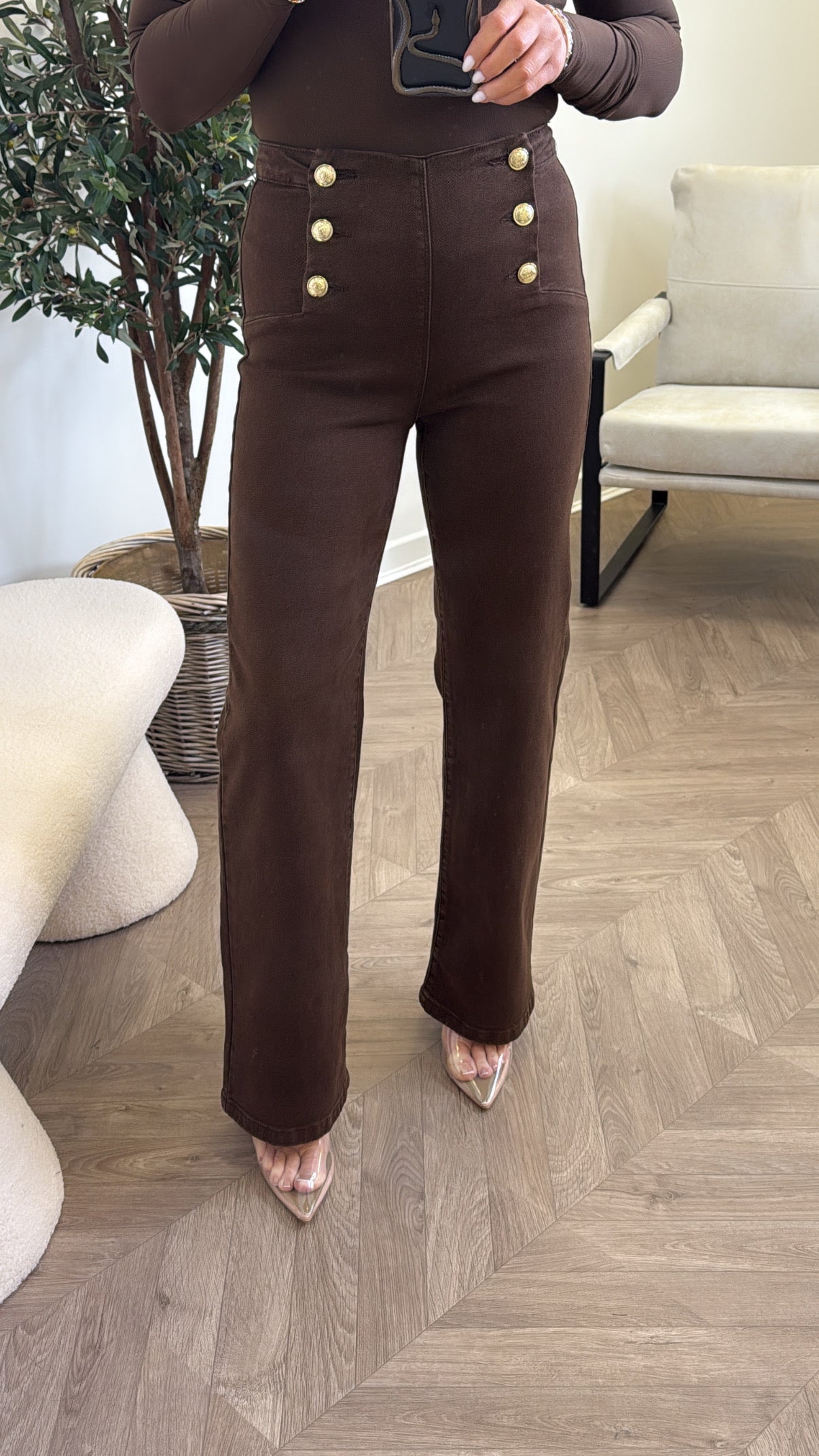 ISABELLE brown stretchy flare jeans with gold button detail