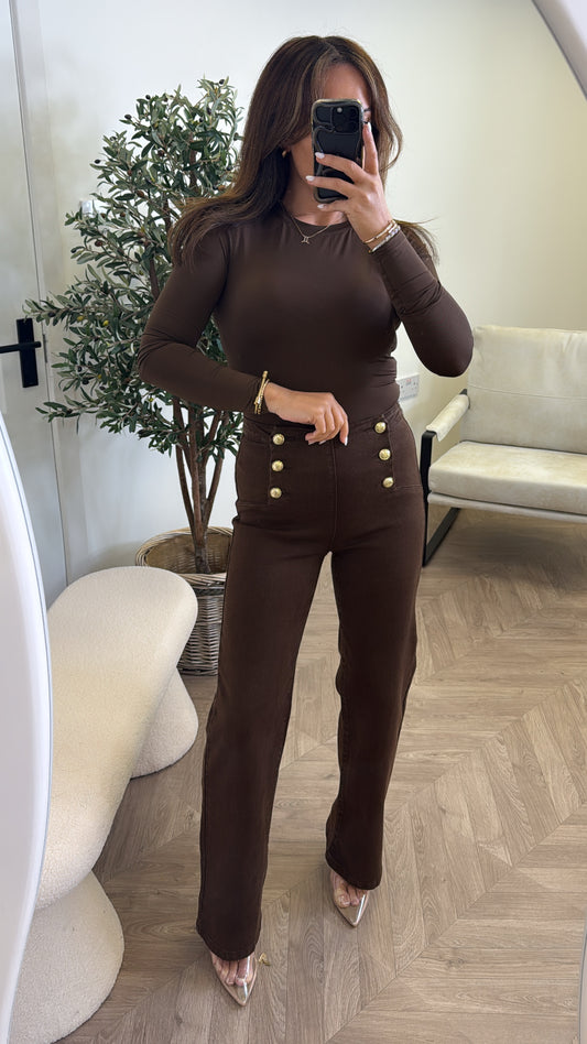 ISABELLE brown stretchy flare jeans with gold button detail