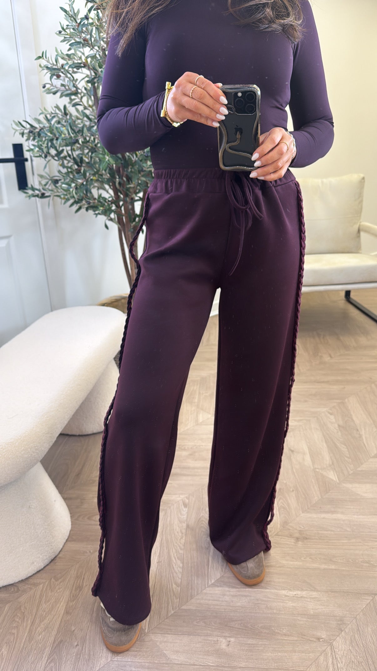 SASKIA plum braided detail soft cotton joggers