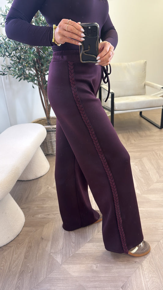 SASKIA plum braided detail soft cotton joggers