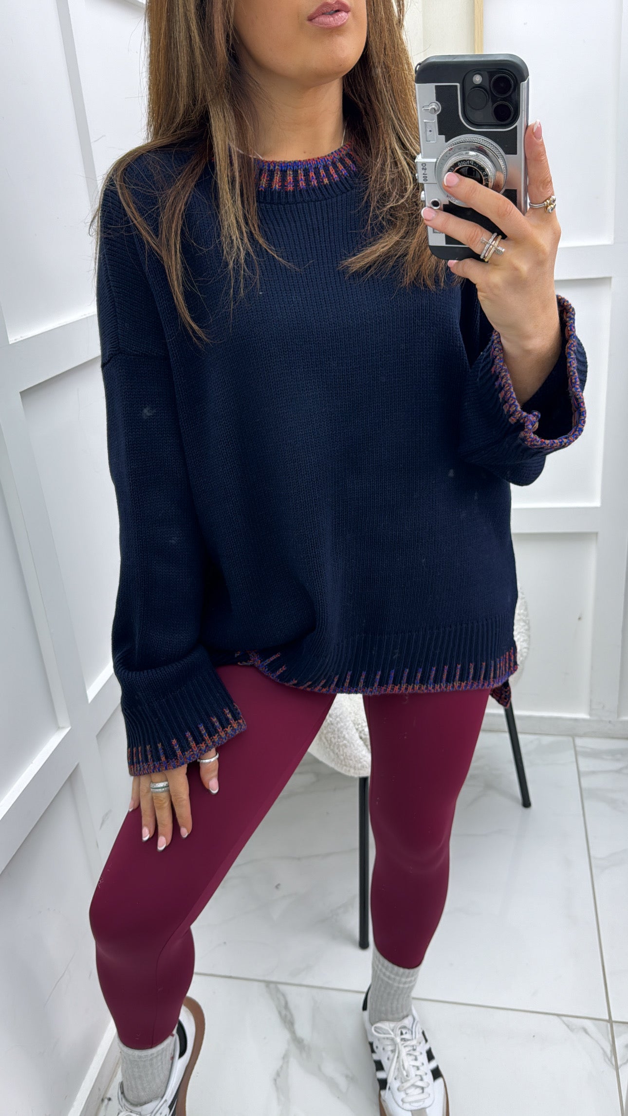 BECKY navy fine knit jumper with multicolour trim