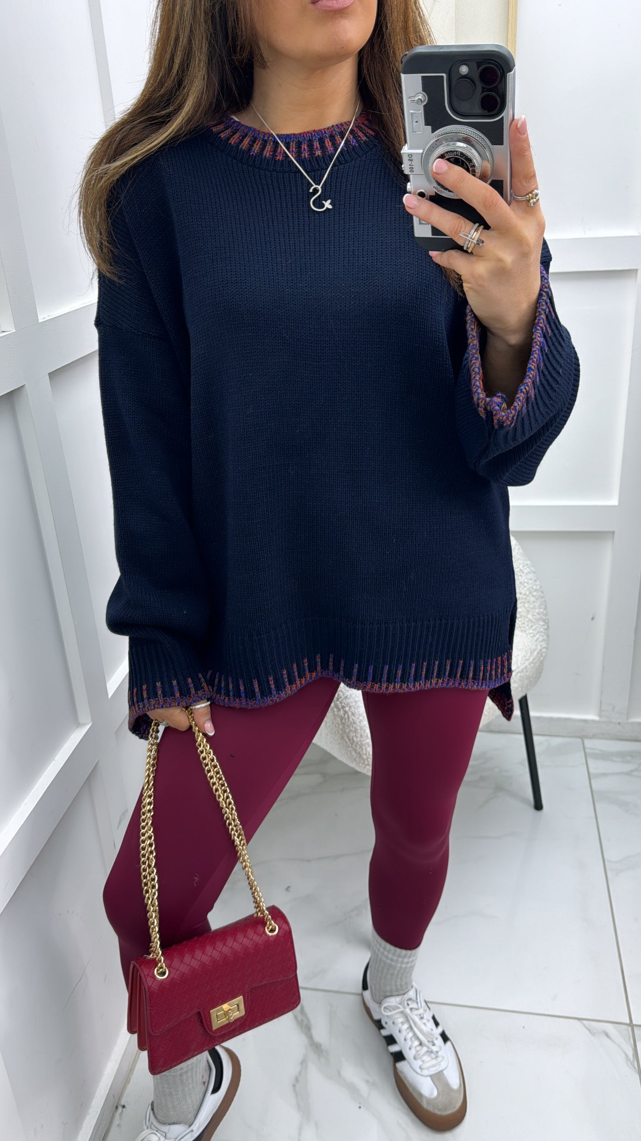 BECKY navy fine knit jumper with multicolour trim