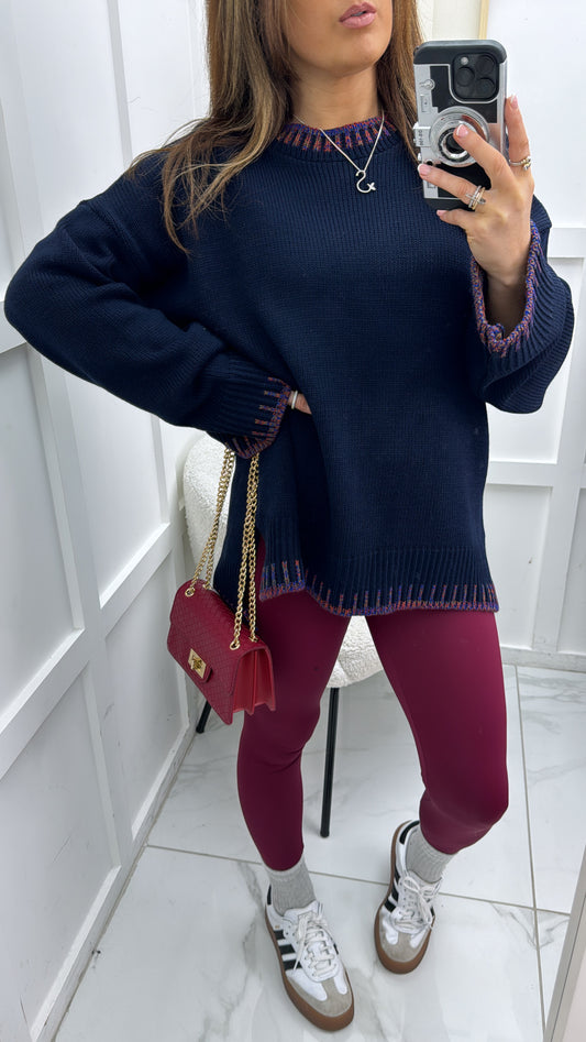 BECKY navy fine knit jumper with multicolour trim