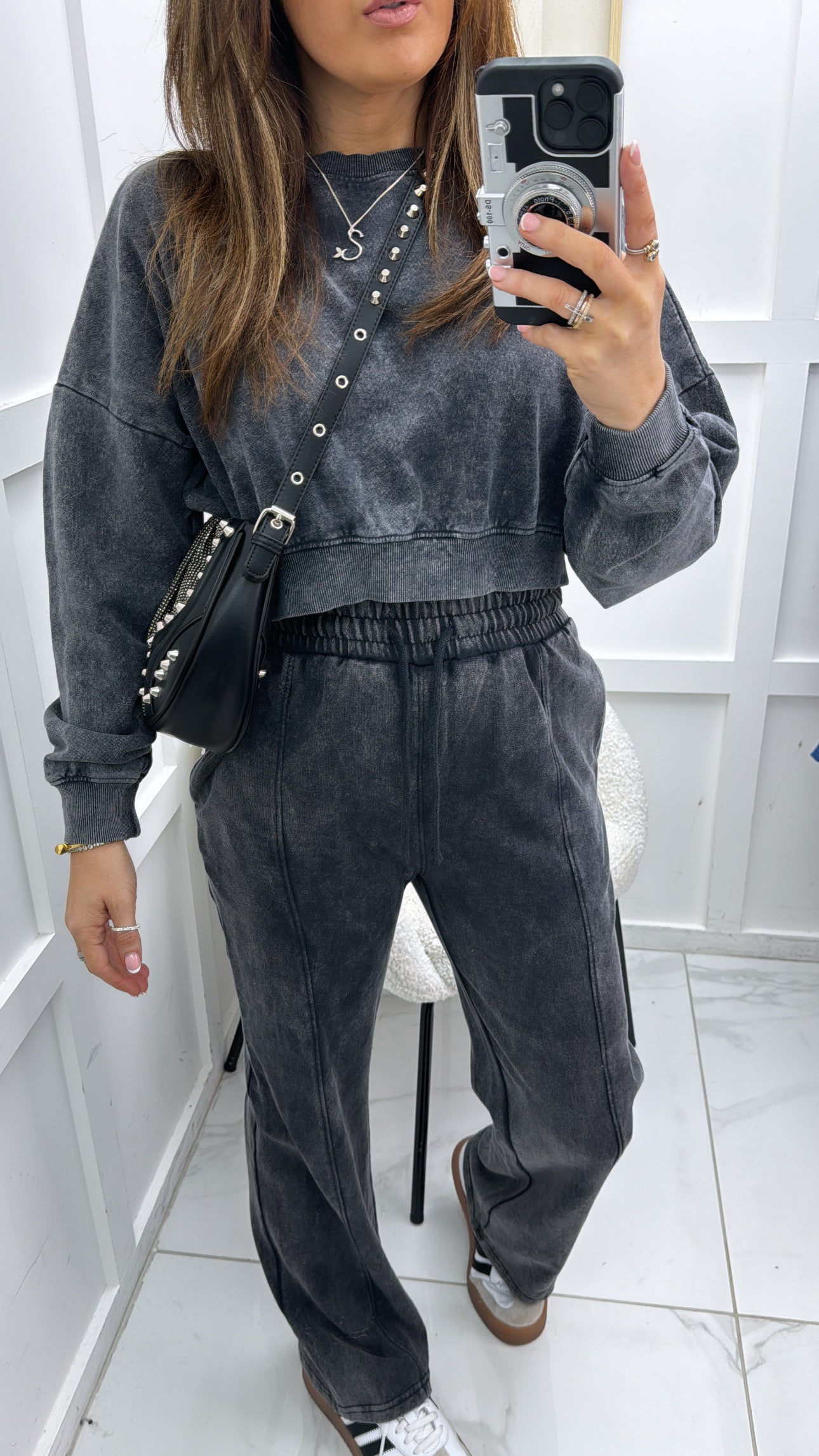 NANCY washed charcoal cropped jumper & joggers tracksuit