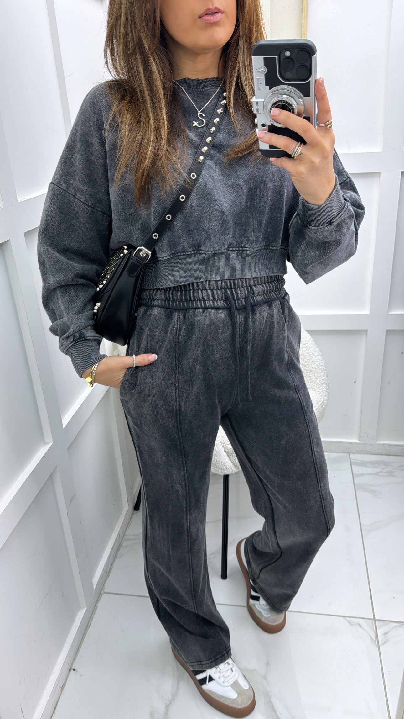 NANCY washed charcoal cropped jumper & joggers tracksuit