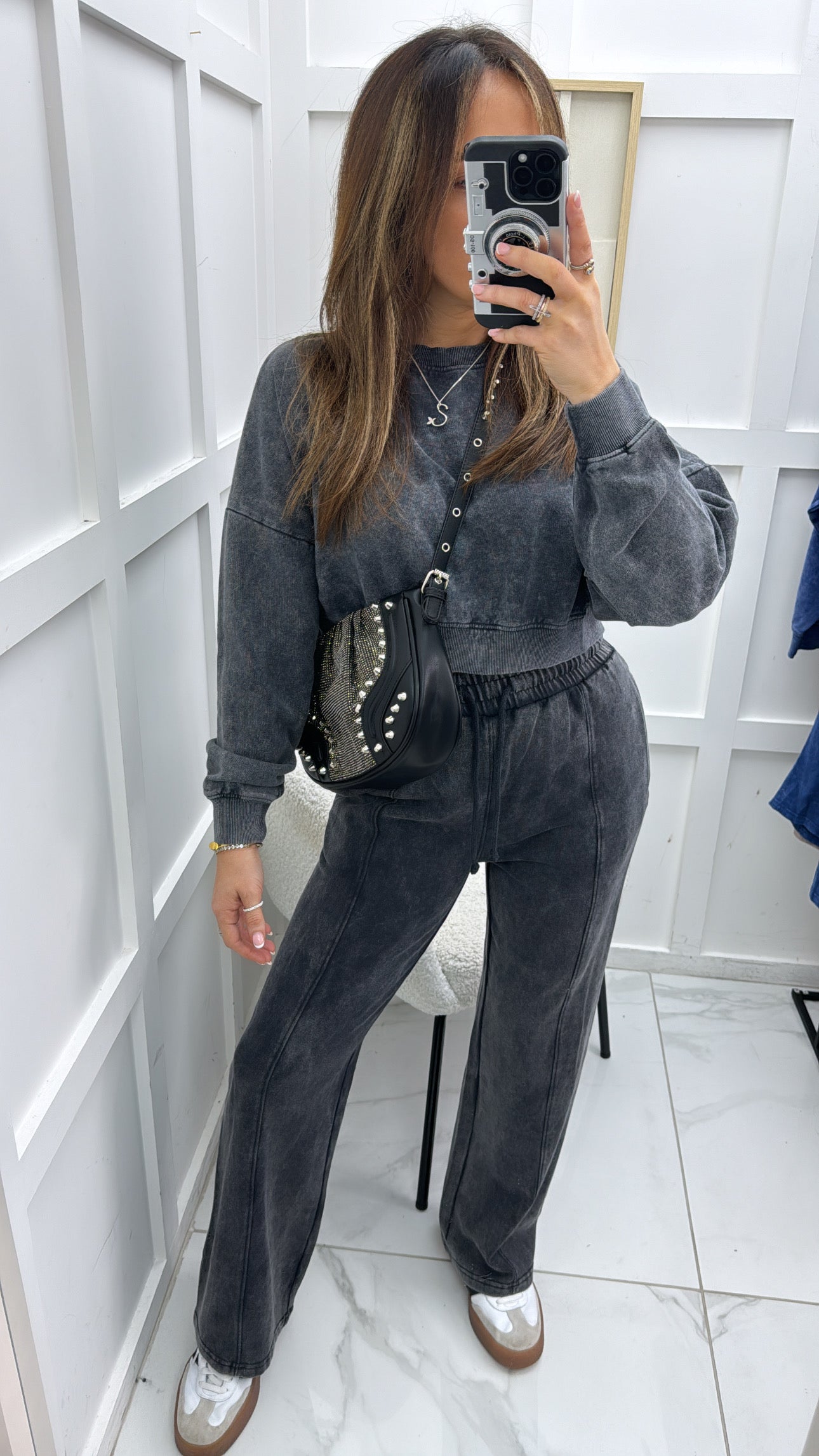 NANCY washed charcoal cropped jumper & joggers tracksuit